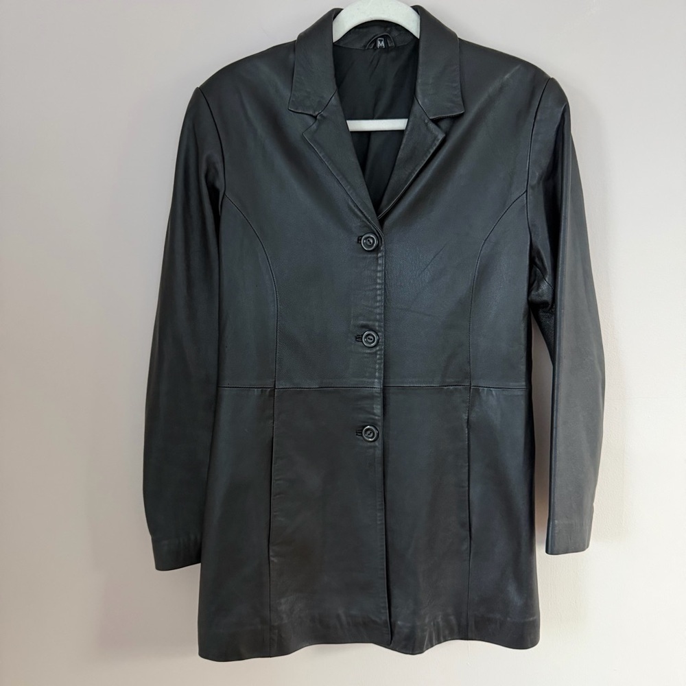 Vintage Black Genuine Lamb Leather Longline Blazer Jacket Coat Size Medium